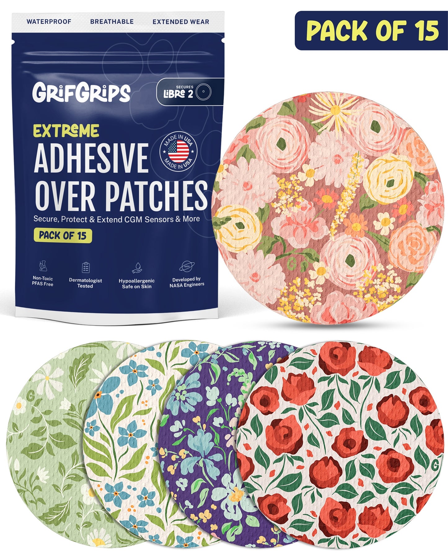 EXTREME - Libre 2/2+ and Lingo Adhesive Patches - Floral (15 Pack)
