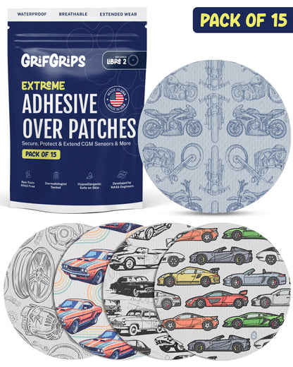 EXTREME - Libre 2/2+ and Lingo Adhesive Patches - Cars (15 Pack)