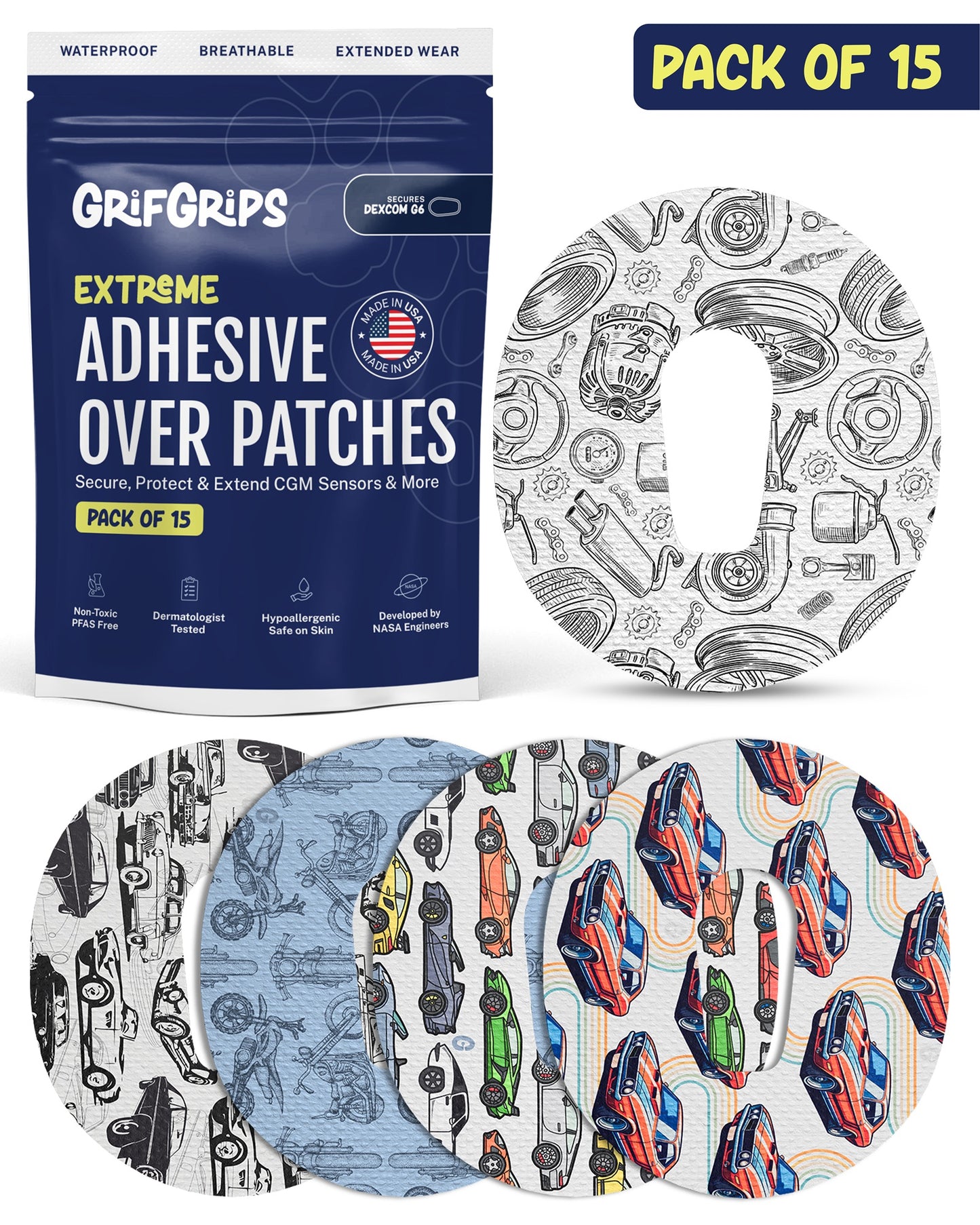 EXTREME - Dexcom G6 Adhesive Patches - Cars (15 Pack)