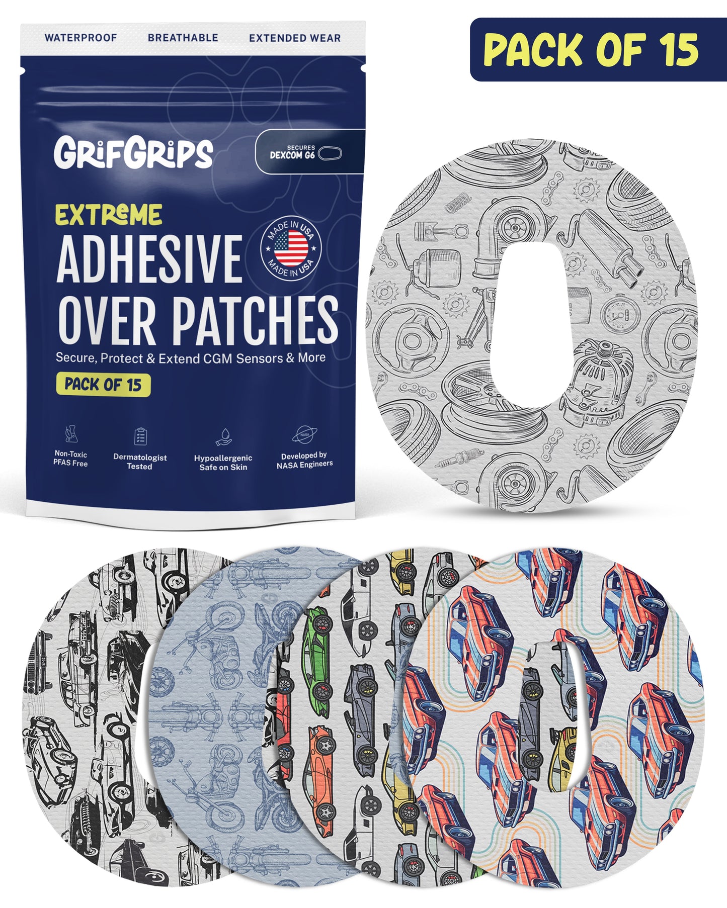 EXTREME - Dexcom G6 Adhesive Patches - Cars (15 Pack)