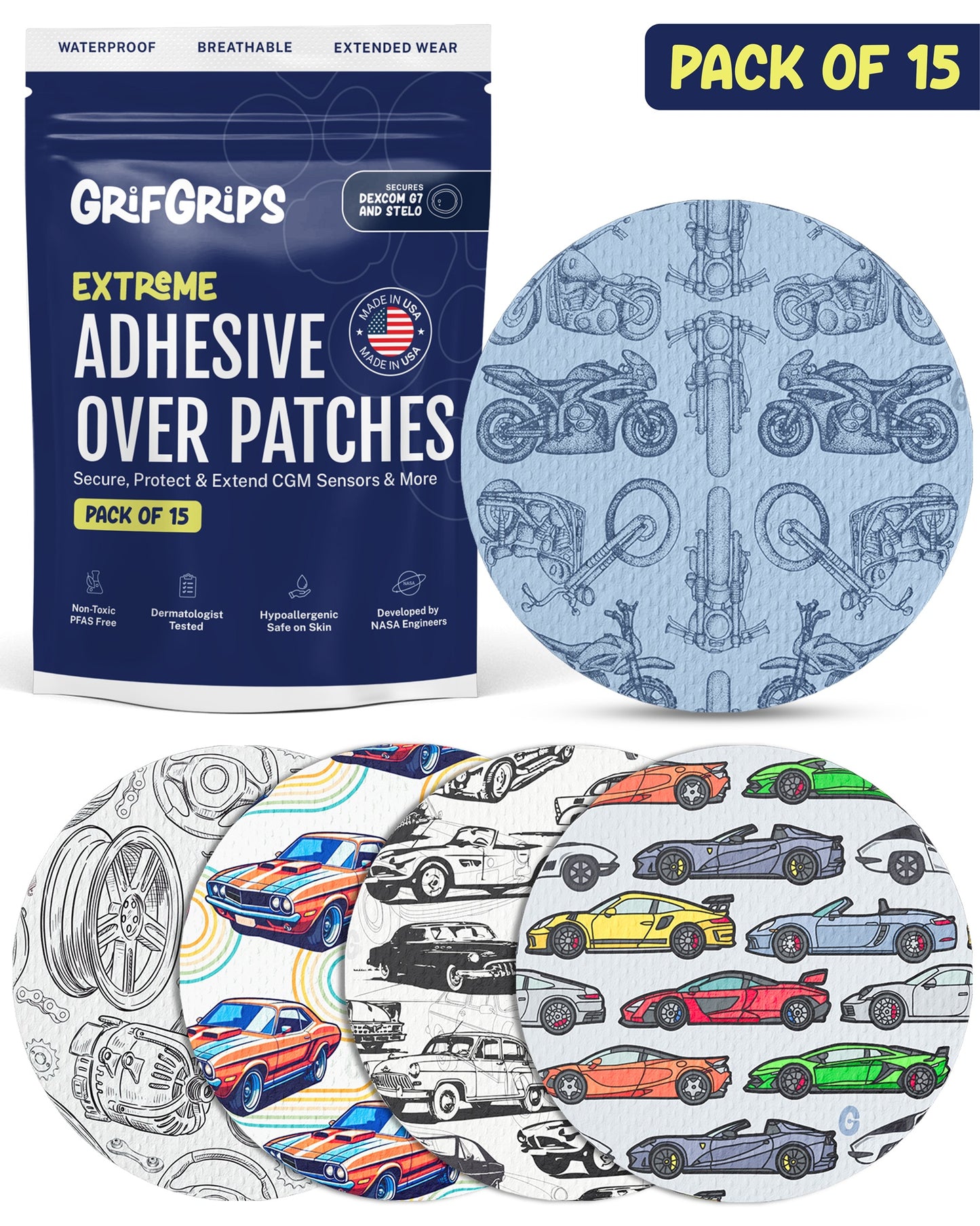 EXTREME - Dexcom G7 and Stelo Adhesive Patches - Cars (15 Pack)