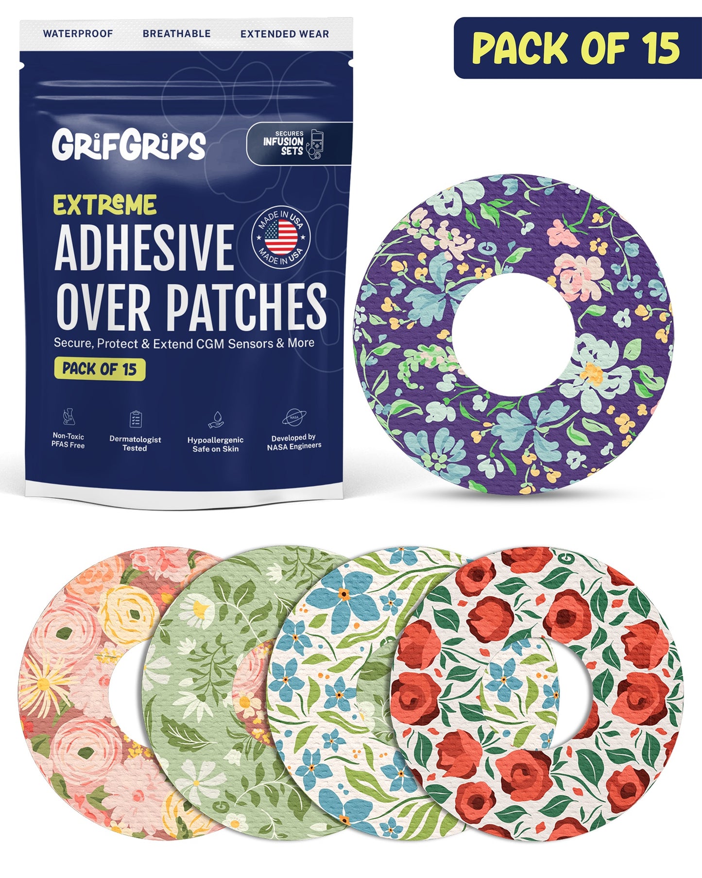 EXTREME - Infusion Sets & Universal Adhesive Patches - Floral (15 Pack)
