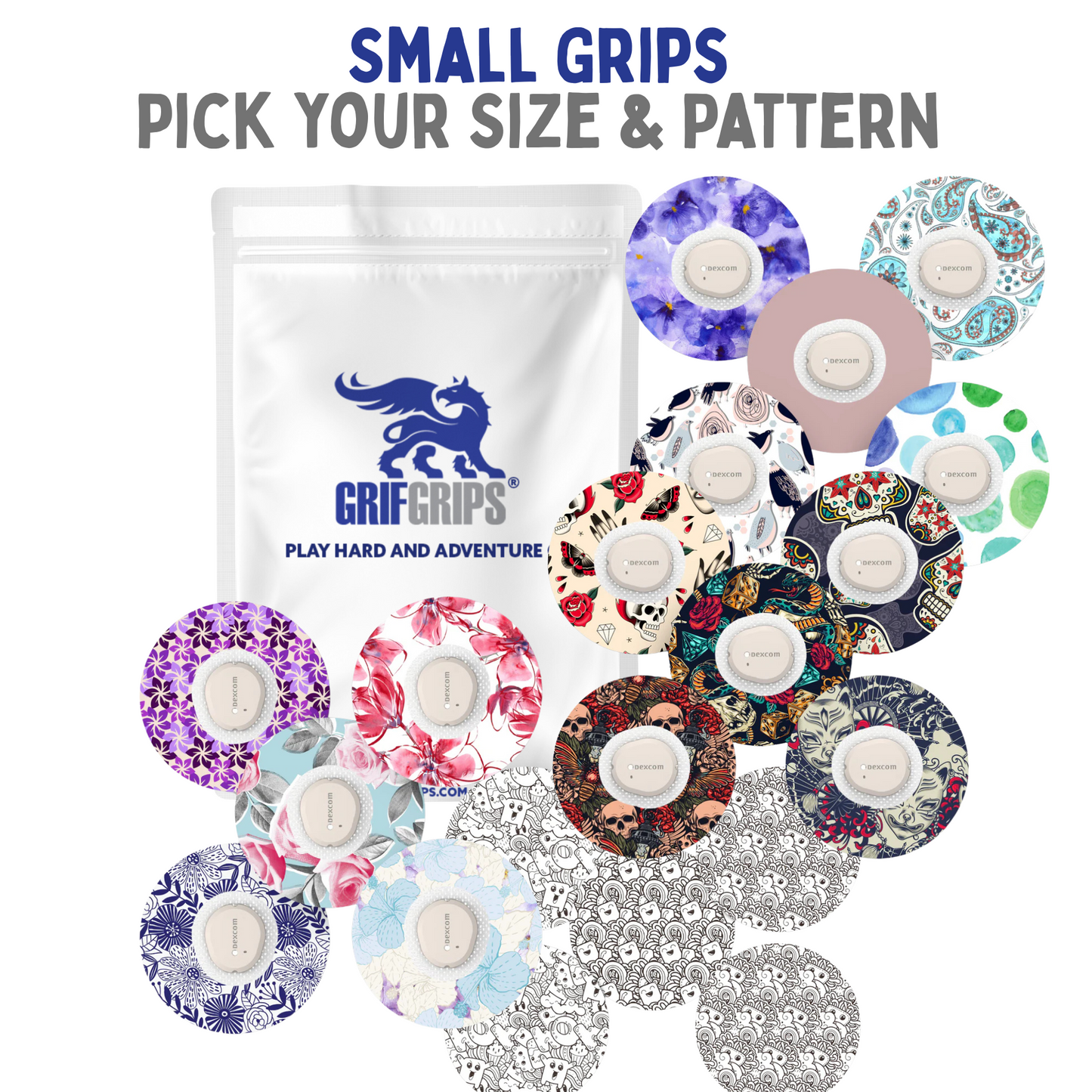 Small Grip Themes - Choose Adhesive, Shape & Design - 5 Pack - CGM Devices, Infusion Sets & Pump Grips